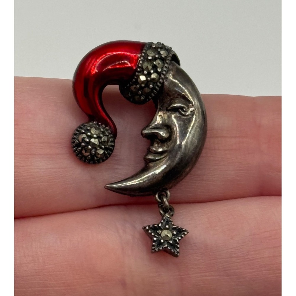 Judith Jack Sterling Silver Enamel Marcasite Christmas Moon Brooch Pin